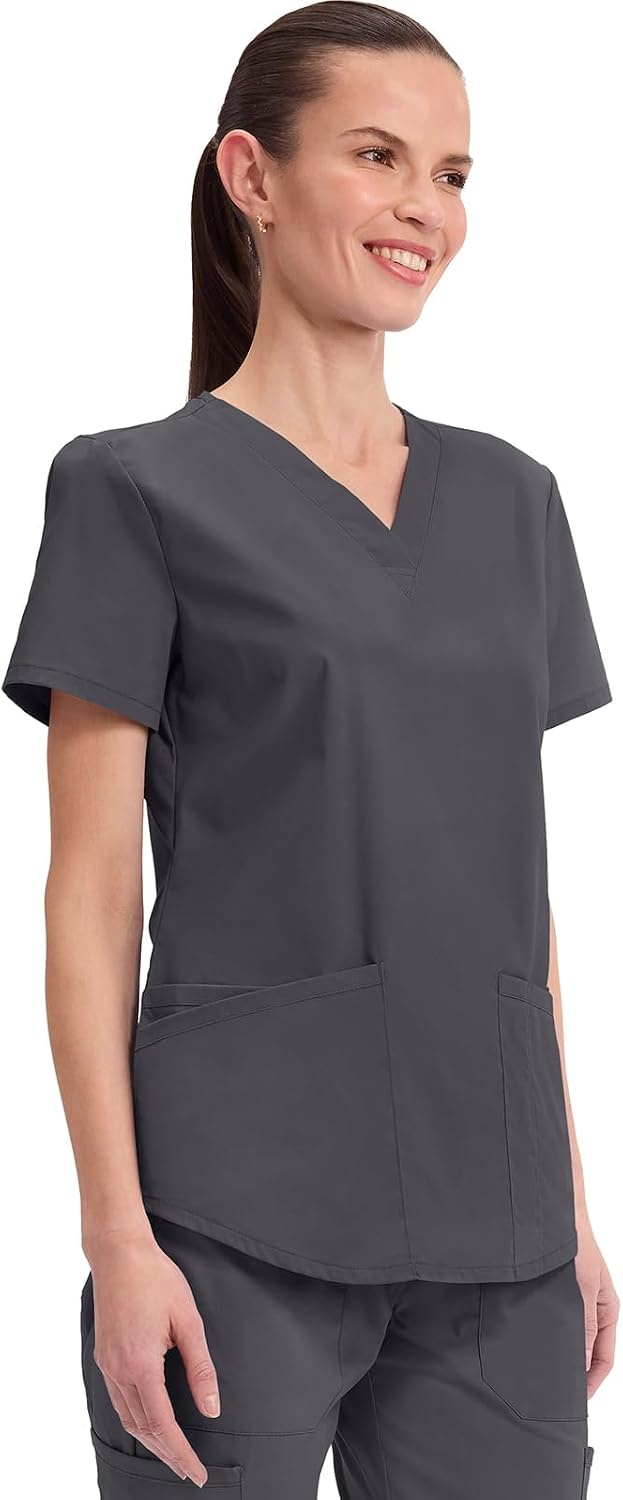 image:imageCherokee WW Professionals Scrubs for Women VNeck Top with 3 Pockets FadeResistant Soft Stretch Fabric Shirttail Hem Side Vents Comfortable Mobility Easy Care Healthcare WorkwearPewter