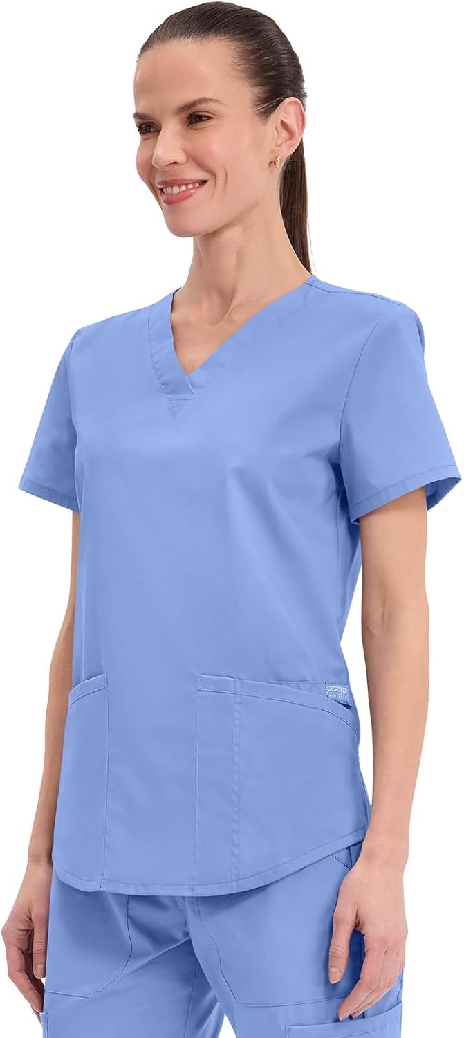 image:imageCherokee WW Professionals Scrubs for Women VNeck Top with 3 Pockets FadeResistant Soft Stretch Fabric Shirttail Hem Side Vents Comfortable Mobility Easy Care Healthcare WorkwearCiel
