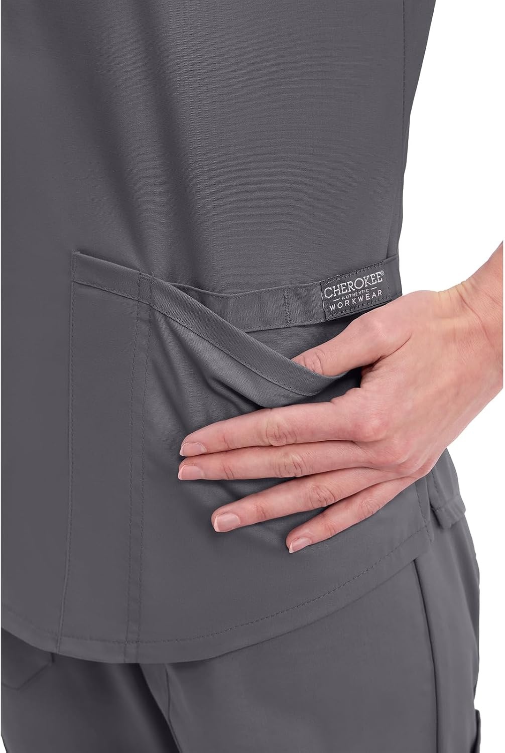 image:imageCherokee WW Professionals Scrubs for Women VNeck Top with 3 Pockets FadeResistant Soft Stretch Fabric Shirttail Hem Side Vents Comfortable Mobility Easy Care Healthcare WorkwearPewter