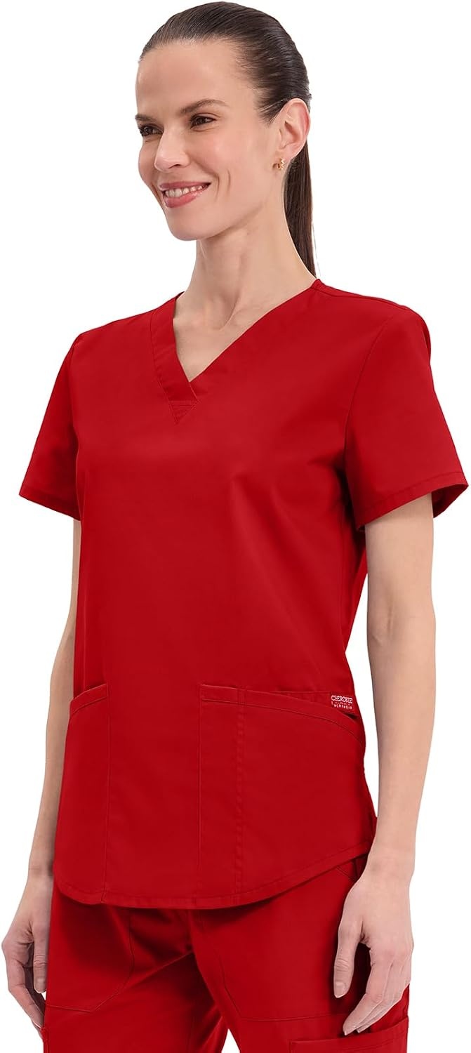 image:imageCherokee WW Professionals Scrubs for Women VNeck Top with 3 Pockets FadeResistant Soft Stretch Fabric Shirttail Hem Side Vents Comfortable Mobility Easy Care Healthcare WorkwearRed