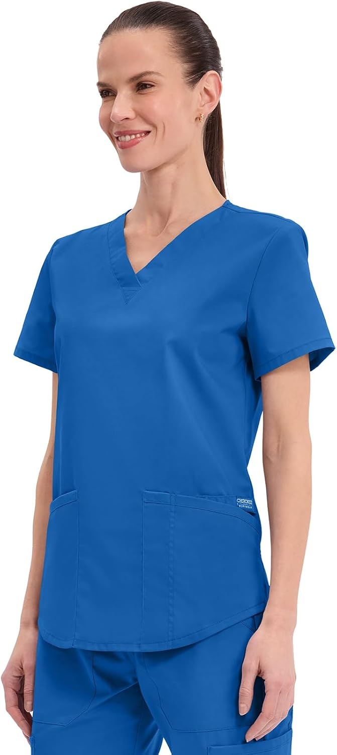 image:imageCherokee WW Professionals Scrubs for Women VNeck Top with 3 Pockets FadeResistant Soft Stretch Fabric Shirttail Hem Side Vents Comfortable Mobility Easy Care Healthcare WorkwearRoyal