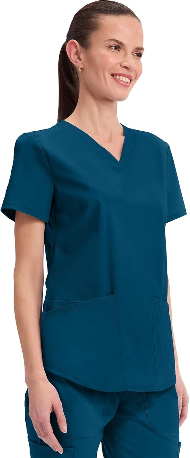 image:imageCherokee WW Professionals Scrubs for Women VNeck Top with 3 Pockets FadeResistant Soft Stretch Fabric Shirttail Hem Side Vents Comfortable Mobility Easy Care Healthcare WorkwearCaribbean Blue