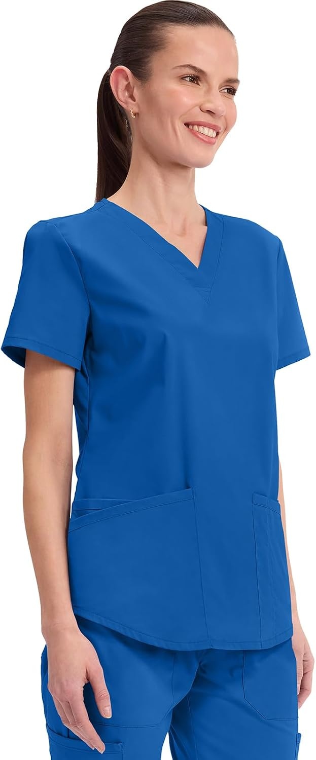 image:imageCherokee WW Professionals Scrubs for Women VNeck Top with 3 Pockets FadeResistant Soft Stretch Fabric Shirttail Hem Side Vents Comfortable Mobility Easy Care Healthcare WorkwearRoyal
