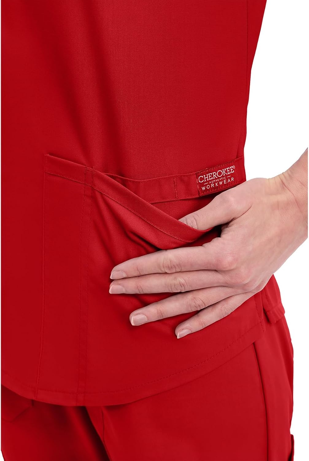 image:imageCherokee WW Professionals Scrubs for Women VNeck Top with 3 Pockets FadeResistant Soft Stretch Fabric Shirttail Hem Side Vents Comfortable Mobility Easy Care Healthcare WorkwearRed