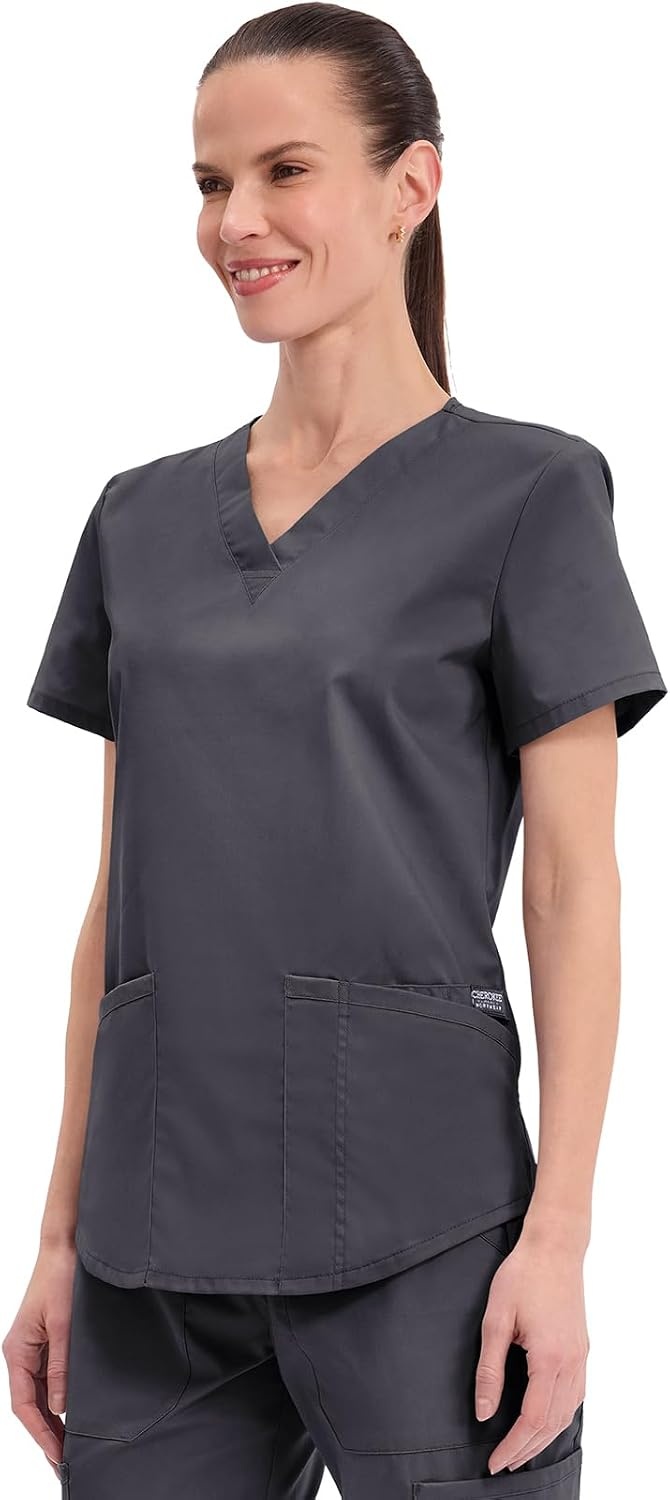 image:imageCherokee WW Professionals Scrubs for Women VNeck Top with 3 Pockets FadeResistant Soft Stretch Fabric Shirttail Hem Side Vents Comfortable Mobility Easy Care Healthcare WorkwearPewter