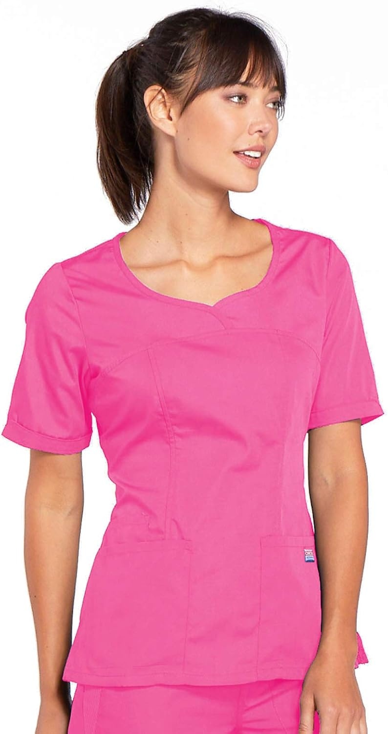 image:imageCherokee Workwear Originals Women Scrubs Top VNeck 3 Pockets Modern Classic Fit Notched Cuffs Half Back Elastic Side Vents Easy Care Made for Routine Hospital ShiftsShocking Pink