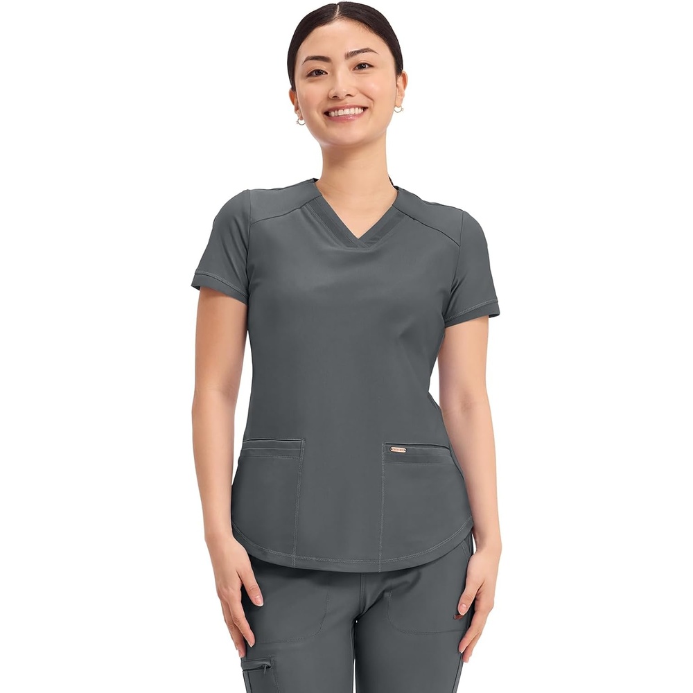image:imageCherokee Scrub Top Women VNeck Classic Fit 2 Pocket Form Medical Scrubs Moisture Wicking Fabric Easy Care Curved Hemline Power Mesh Details Angled Yoke Panels Princess SeamsPewter