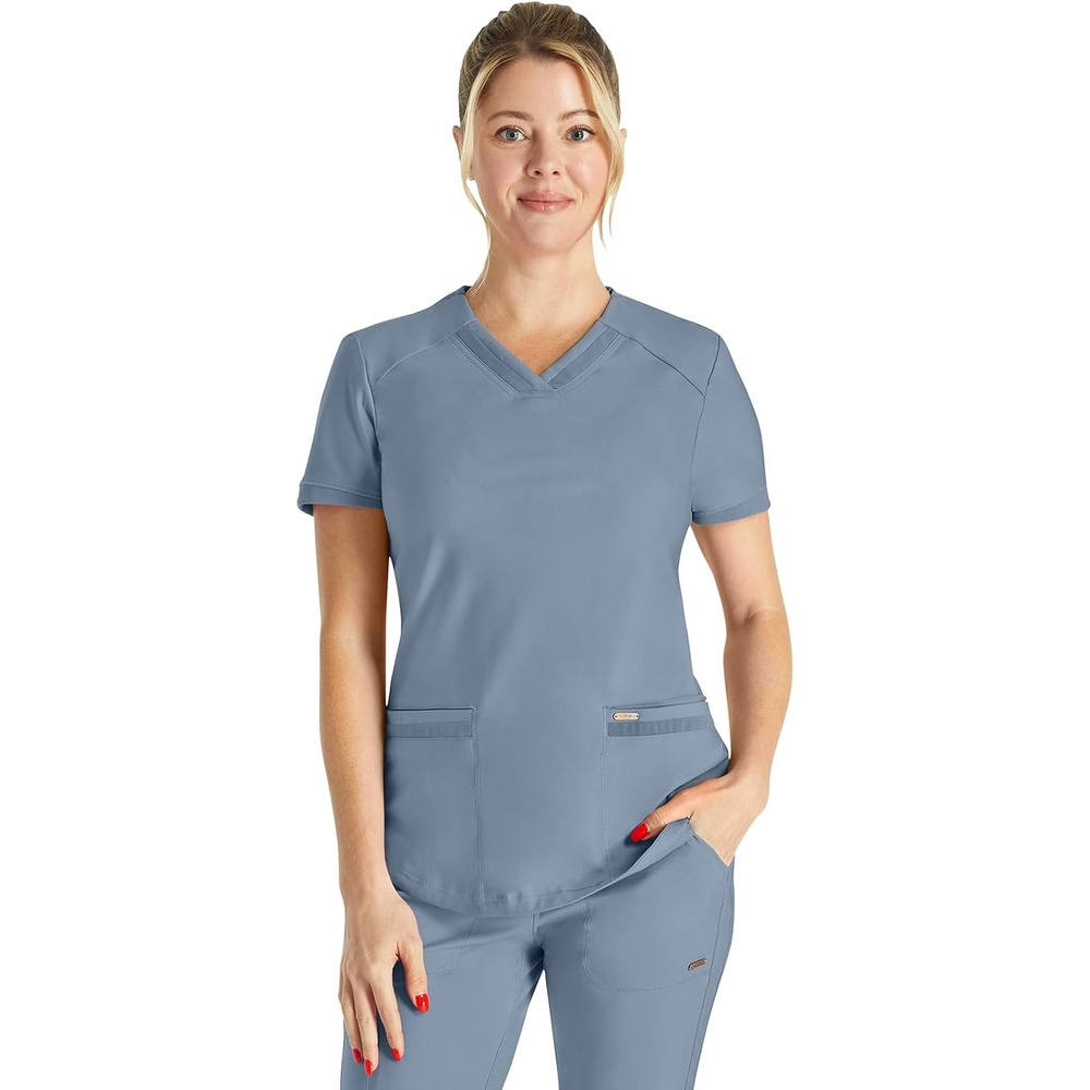 image:imageCherokee Scrub Top Women VNeck Classic Fit 2 Pocket Form Medical Scrubs Moisture Wicking Fabric Easy Care Curved Hemline Power Mesh Details Angled Yoke Panels Princess SeamsOcean Ash