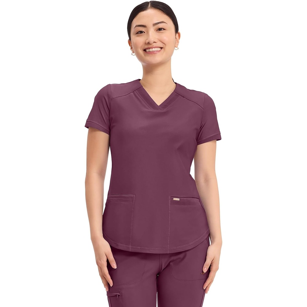 image:imageCherokee Scrub Top Women VNeck Classic Fit 2 Pocket Form Medical Scrubs  Moisture Wicking Fabric Easy Care Curved Hemline Power Mesh Details Angled Yoke Panels Princess SeamsWine