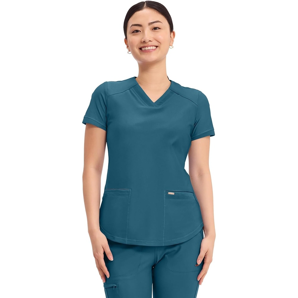 image:imageCherokee Scrub Top Women VNeck Classic Fit 2 Pocket Form Medical Scrubs  Moisture Wicking Fabric Easy Care Curved Hemline Power Mesh Details Angled Yoke Panels Princess SeamsCaribbean Blue