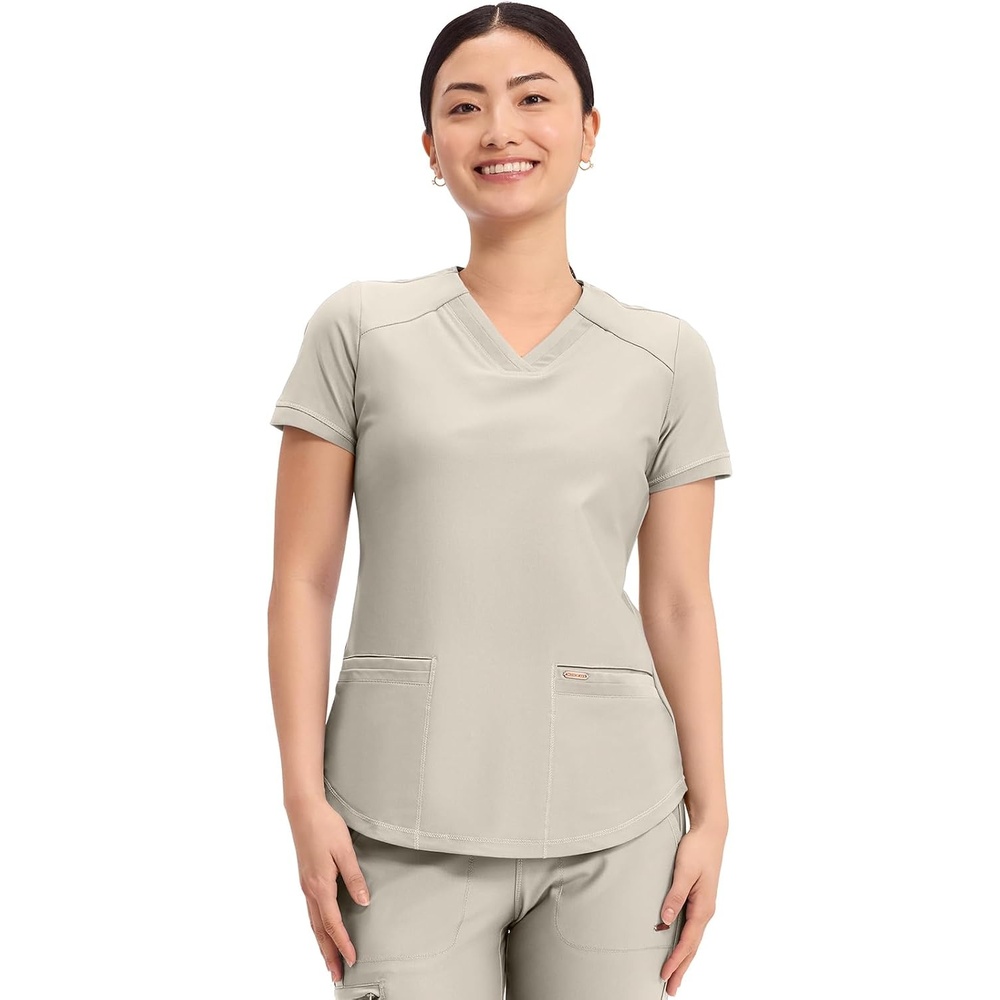 image:imageCherokee Scrub Top Women VNeck Classic Fit 2 Pocket Form Medical Scrubs  Moisture Wicking Fabric Easy Care Curved Hemline Power Mesh Details Angled Yoke Panels Princess SeamsSummer Sand