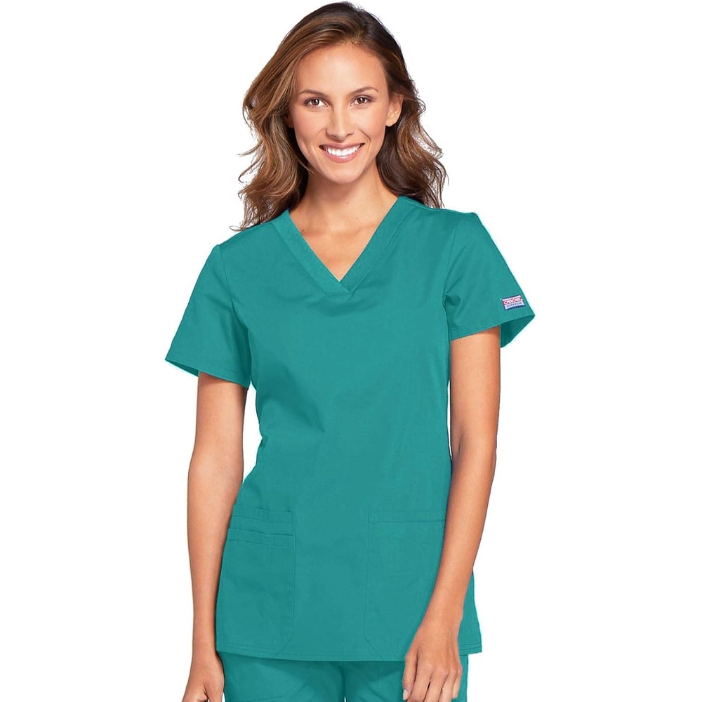 image:imageCherokee WW Originals Womens VNeck Scrub Top Nurse Shirt with 3 Pockets Poplin Fabric Fade Resistant Slim Contemporary Fit RibKnit Side Panels All Day Comfort Easy Care For Healthcare ShiftsTeal Blue
