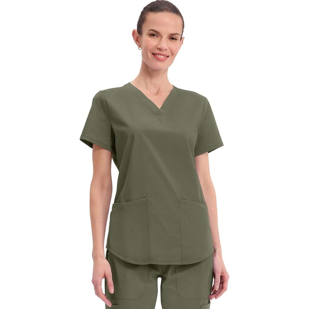 image:imageCherokee WW Professionals Scrubs for Women VNeck Top with 3 Pockets FadeResistant Soft Stretch Fabric Shirttail Hem Side Vents Comfortable Mobility Easy Care Healthcare WorkwearOlive