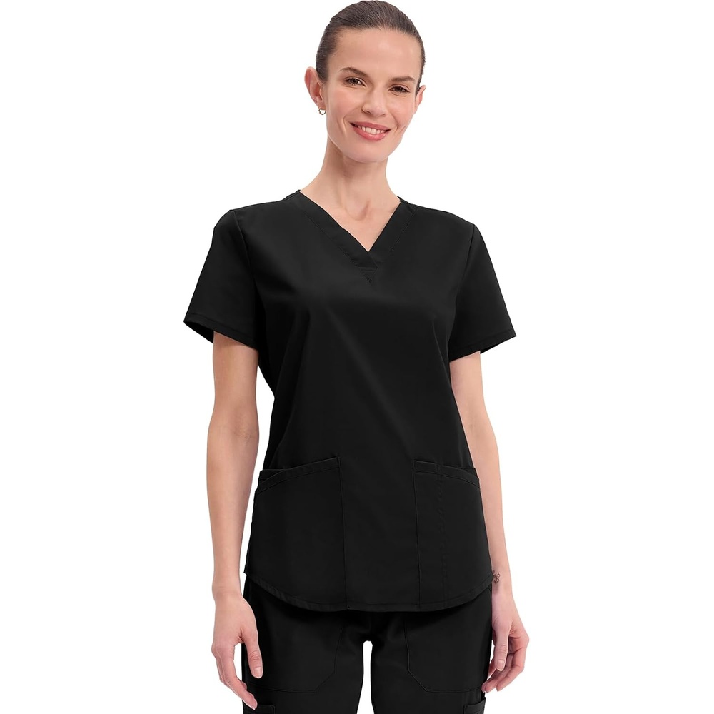 image:imageCherokee WW Professionals Scrubs for Women VNeck Top with 3 Pockets  FadeResistant Soft Stretch Fabric Shirttail Hem Side Vents Comfortable Mobility Easy Care Healthcare WorkwearBlack