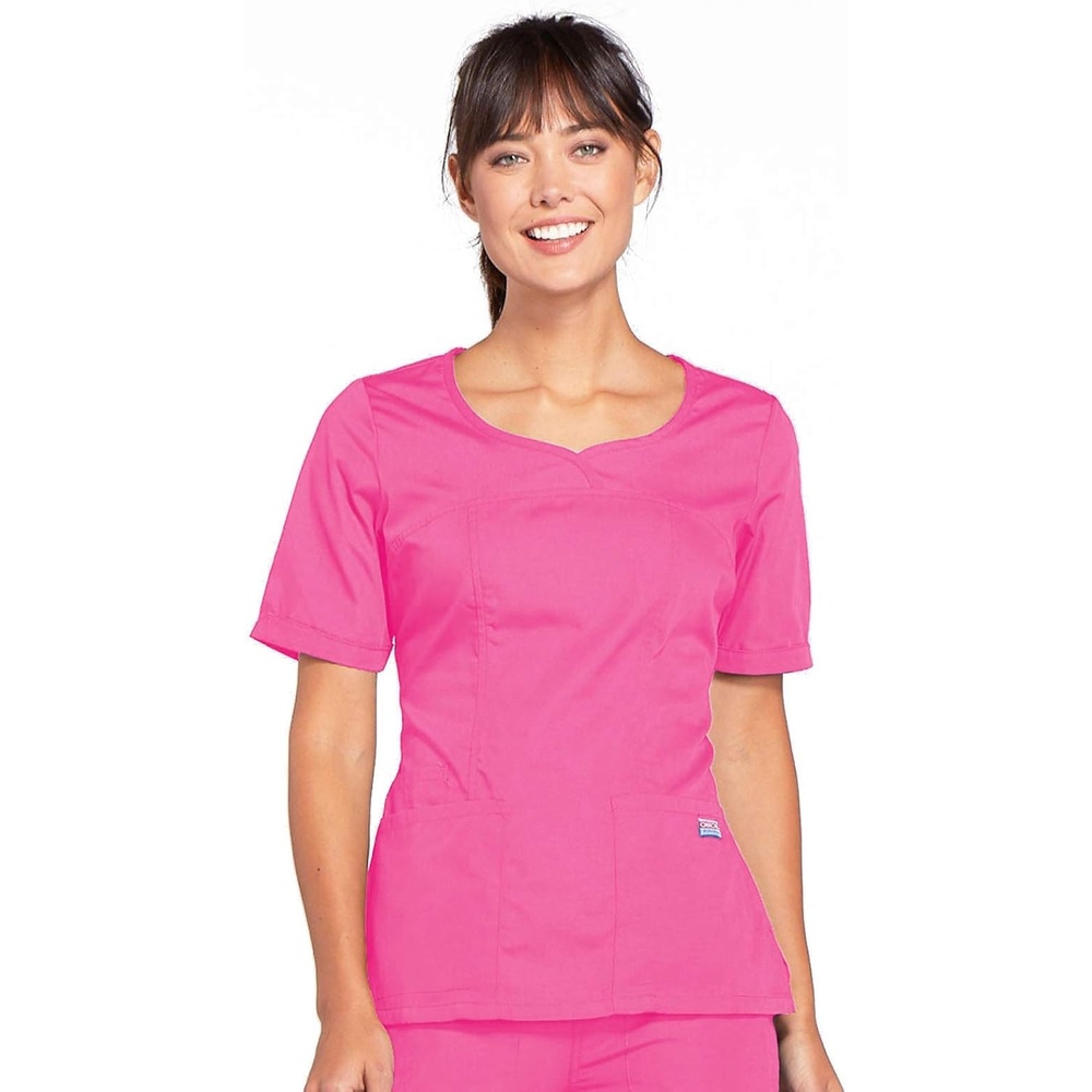 image:imageCherokee Workwear Originals Women Scrubs Top VNeck 3 Pockets Modern Classic Fit Notched Cuffs Half Back Elastic Side Vents Easy Care Made for Routine Hospital ShiftsShocking Pink