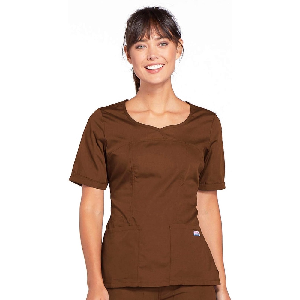 image:imageCherokee Workwear Originals Women Scrubs Top VNeck 3 Pockets  Modern Classic Fit Notched Cuffs Half Back Elastic Side Vents Easy Care Made for Routine Hospital ShiftsChocolate