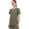 Cherokee WW Professionals Scrubs for Women V-Neck Top with 3 Pockets | Fade-Resistant, Soft Stretch Fabric, Shirttail Hem, Side Vents, Comfortable Mobility, Easy Care, Healthcare Workwear(Olive)