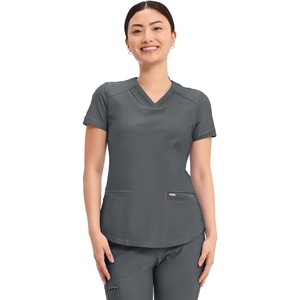 Cherokee Scrub Top Women V-Neck Classic Fit 2 Pocket Form Medical Scrubs | Moisture Wicking Fabric, Easy Care, Curved Hemline, Power Mesh Details, Angled Yoke Panels, Princess Seams(Pewter)