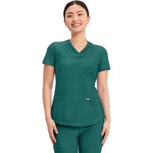 Cherokee Scrub Top Women V-Neck Classic Fit 2 Pocket Form Medical Scrubs | Moisture Wicking Fabric, Easy Care, Curved Hemline, Power Mesh Details, Angled Yoke Panels, Princess Seams(Hunter Green)
