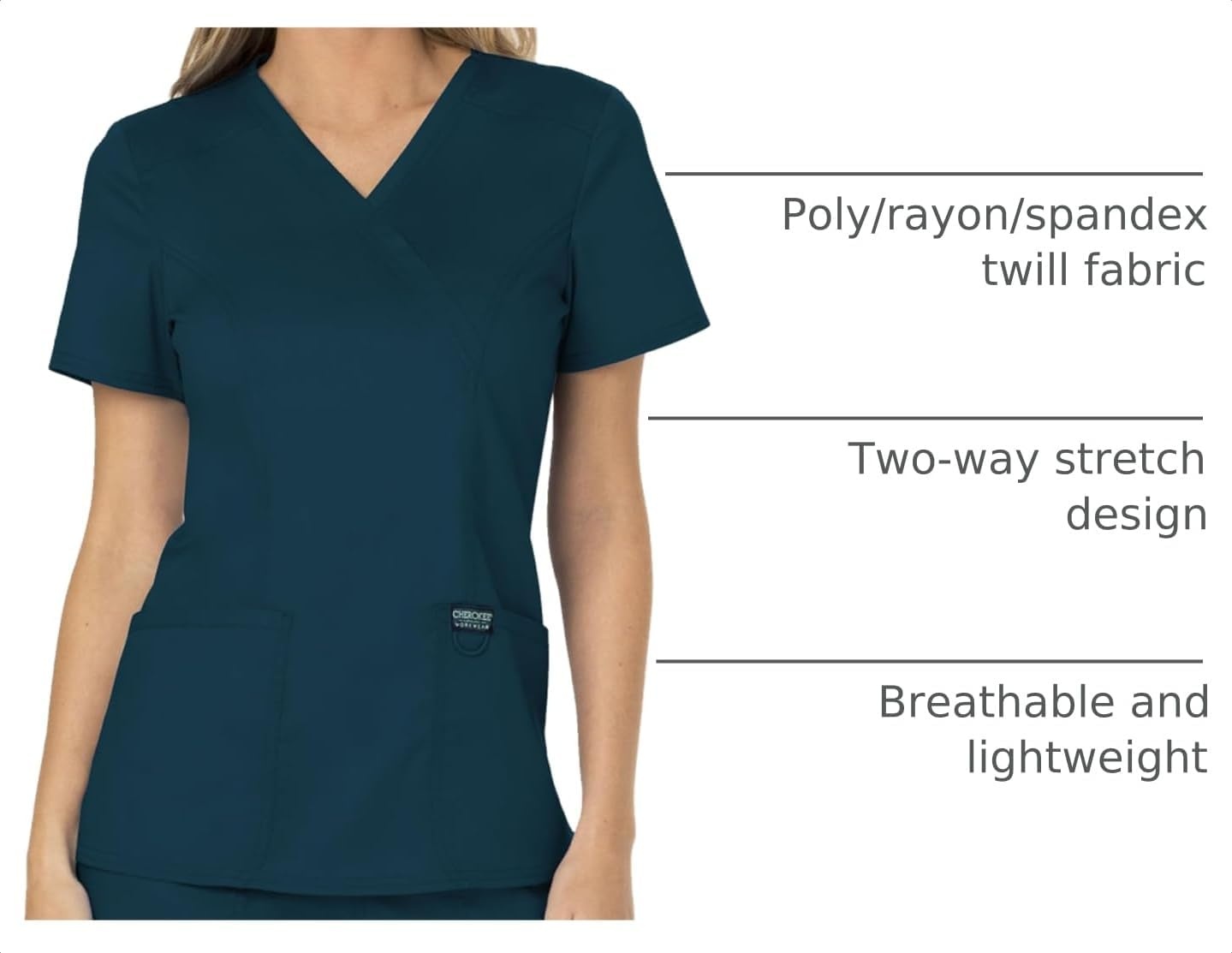 image:imageCherokee WW Revolution Scrub Tops Women Mock Wrap 2 Pockets Nurse ShirtCaribbean Blue