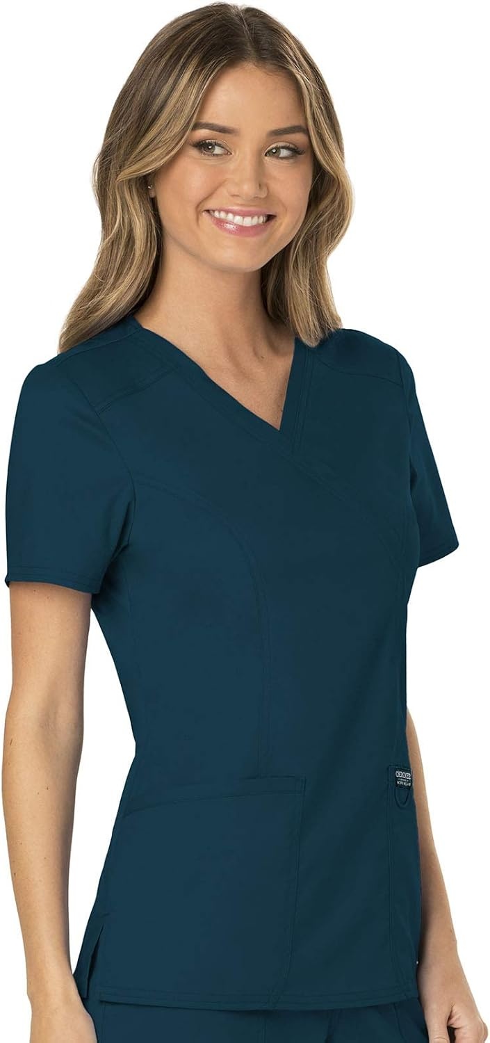 image:imageCherokee WW Revolution Scrub Tops Women Mock Wrap 2 Pockets Nurse ShirtCaribbean Blue