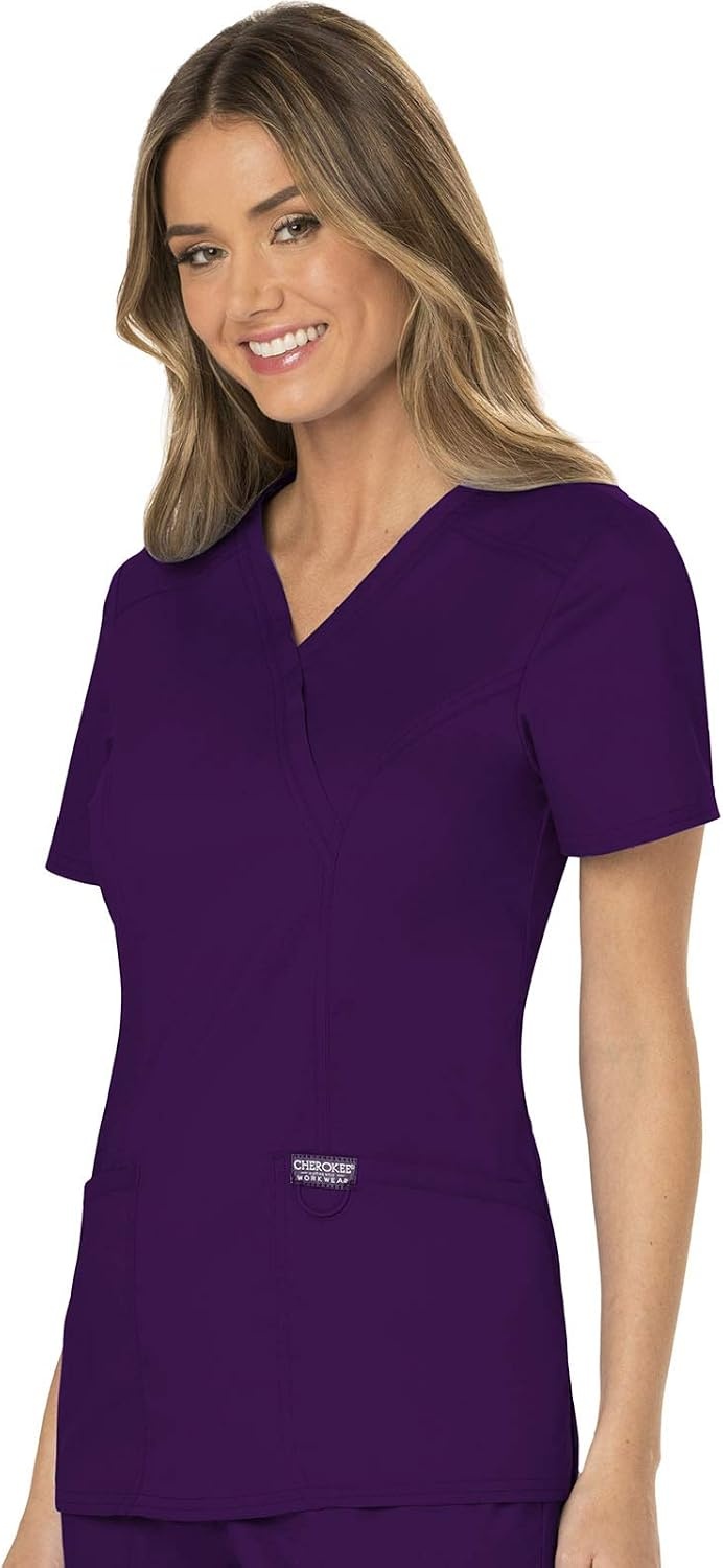 image:imageCherokee WW Revolution Scrub Tops Women Mock Wrap 2 Pockets Nurse ShirtEggplant