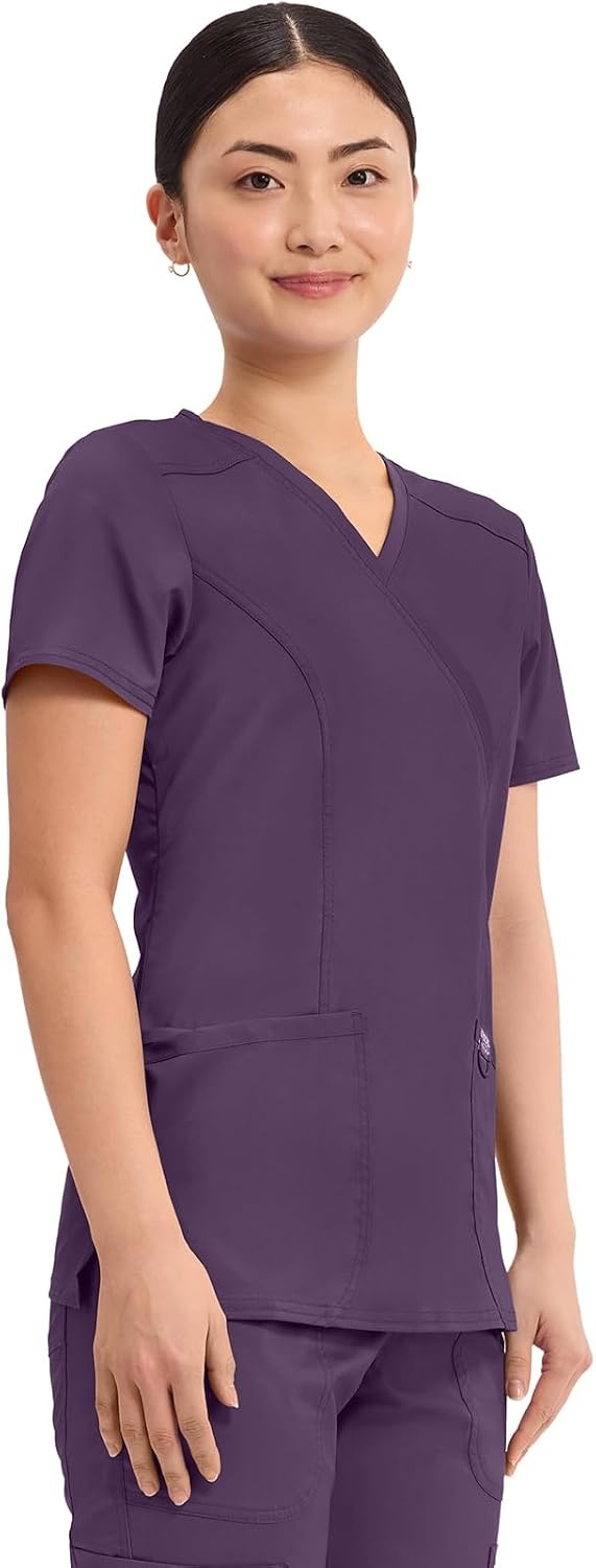 image:imageCherokee WW Revolution Scrub Tops Women Mock Wrap 2 Pockets Nurse ShirtEggplant