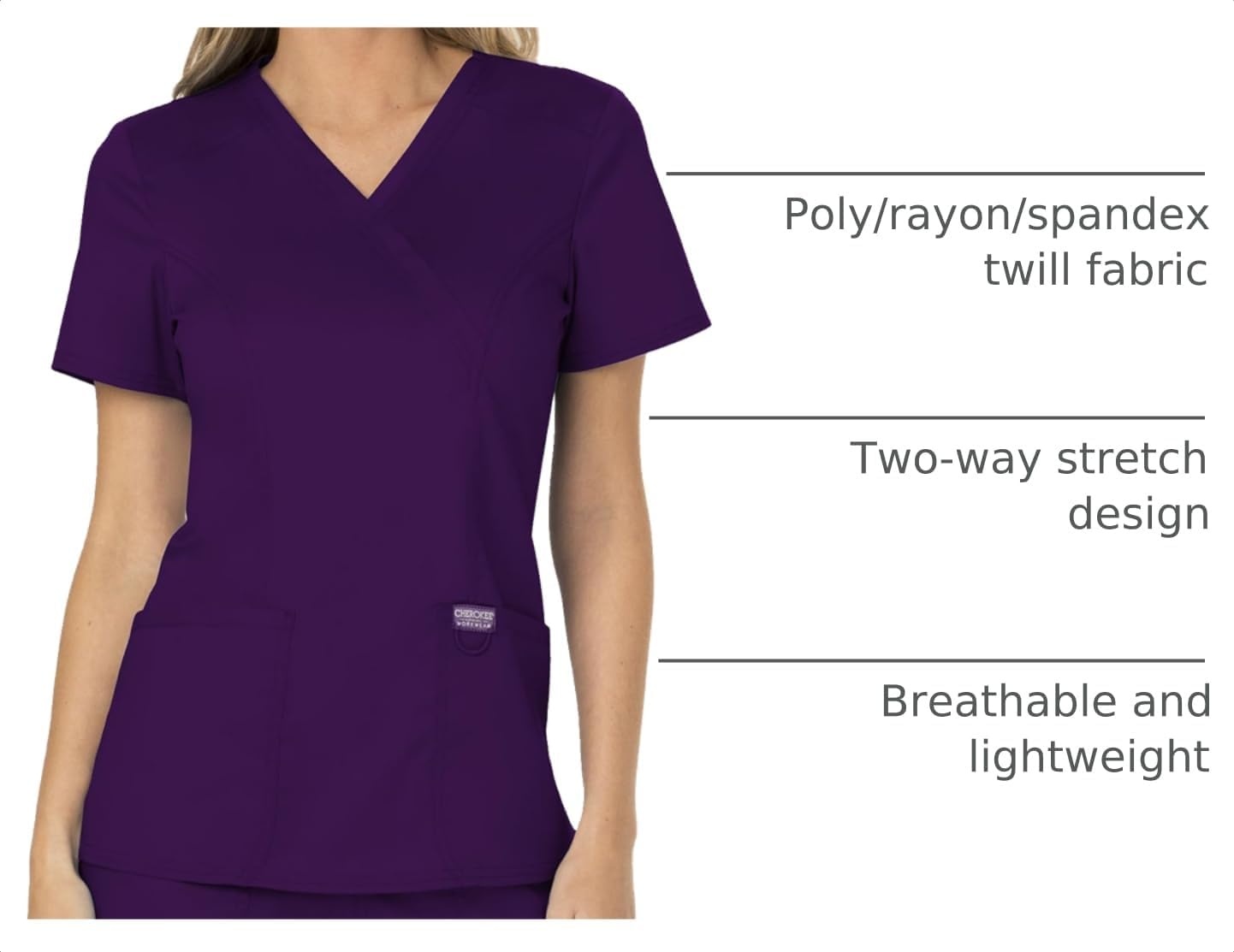 image:imageCherokee WW Revolution Scrub Tops Women Mock Wrap 2 Pockets Nurse ShirtEggplant