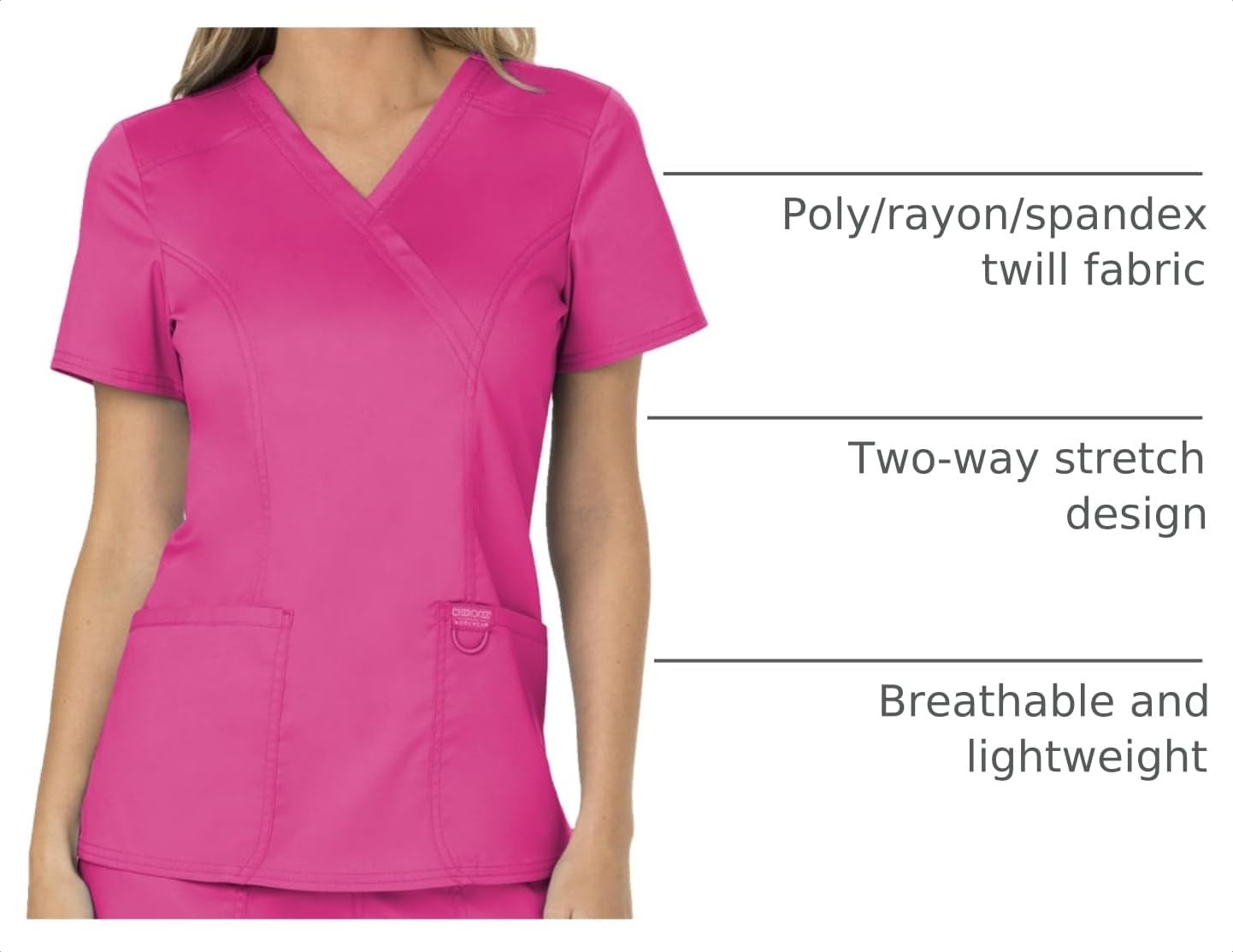 image:imageCherokee WW Revolution Scrub Tops Women Mock Wrap 2 Pockets Nurse ShirtElectric Pink