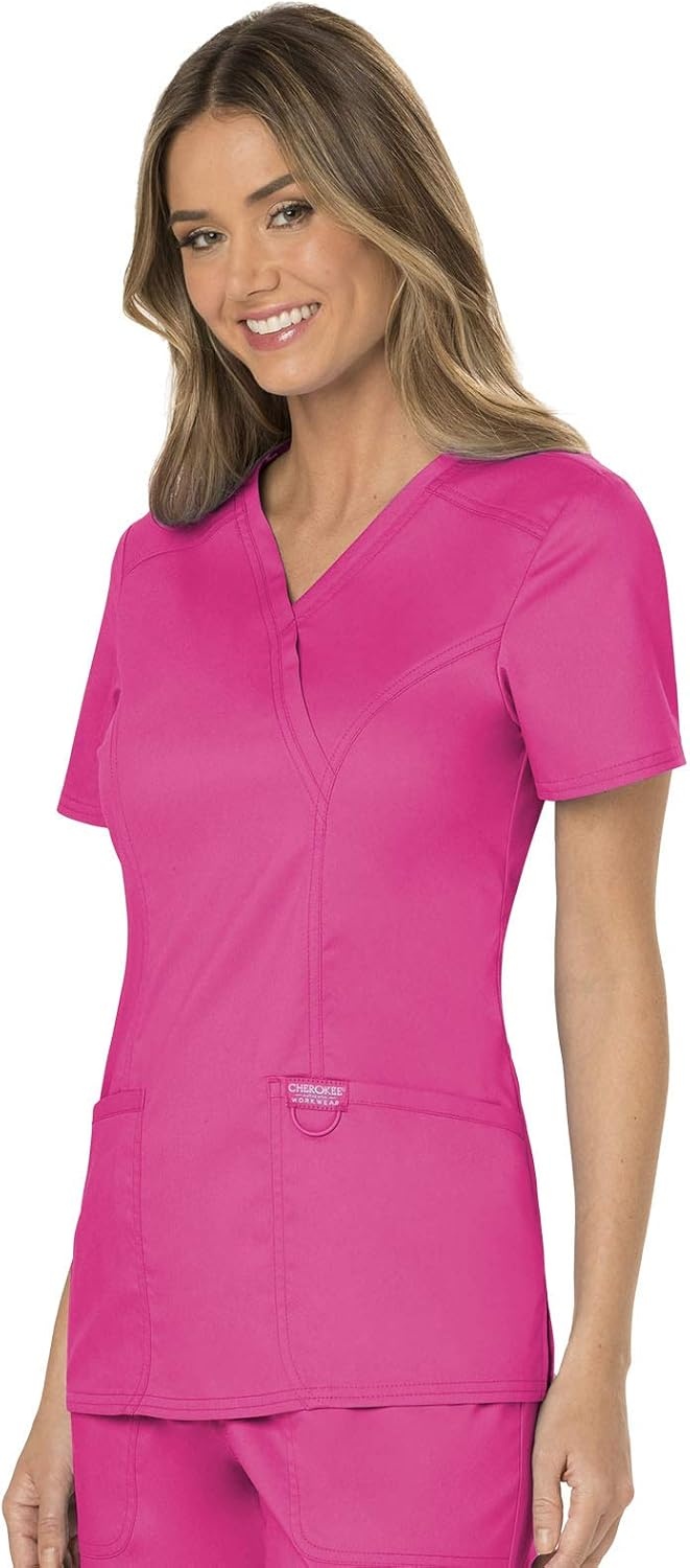 image:imageCherokee WW Revolution Scrub Tops Women Mock Wrap 2 Pockets Nurse ShirtElectric Pink