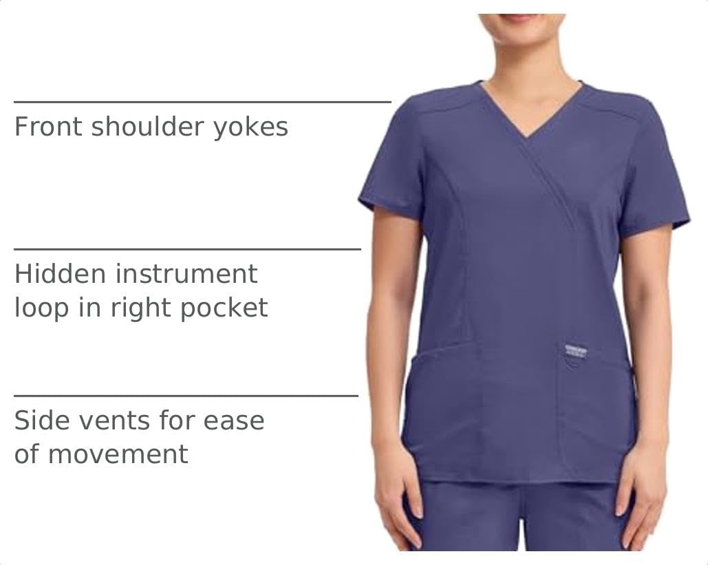 image:imageCherokee WW Revolution Scrub Tops Women Mock Wrap 2 Pockets Nurse ShirtGrape