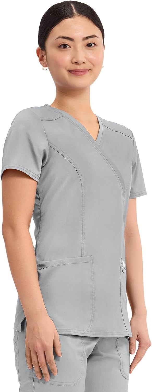 image:imageCherokee WW Revolution Scrub Tops Women Mock Wrap 2 Pockets Nurse ShirtGrey