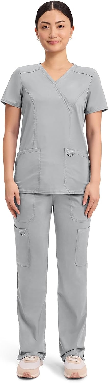 image:imageCherokee WW Revolution Scrub Tops Women Mock Wrap 2 Pockets Nurse ShirtGrey