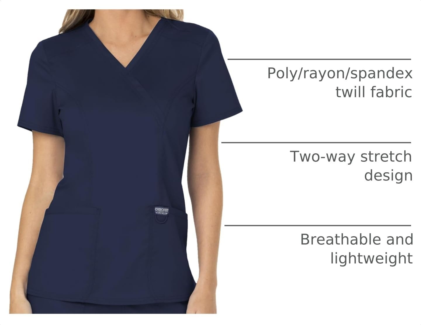 image:imageCherokee WW Revolution Scrub Tops Women Mock Wrap 2 Pockets Nurse ShirtNavy