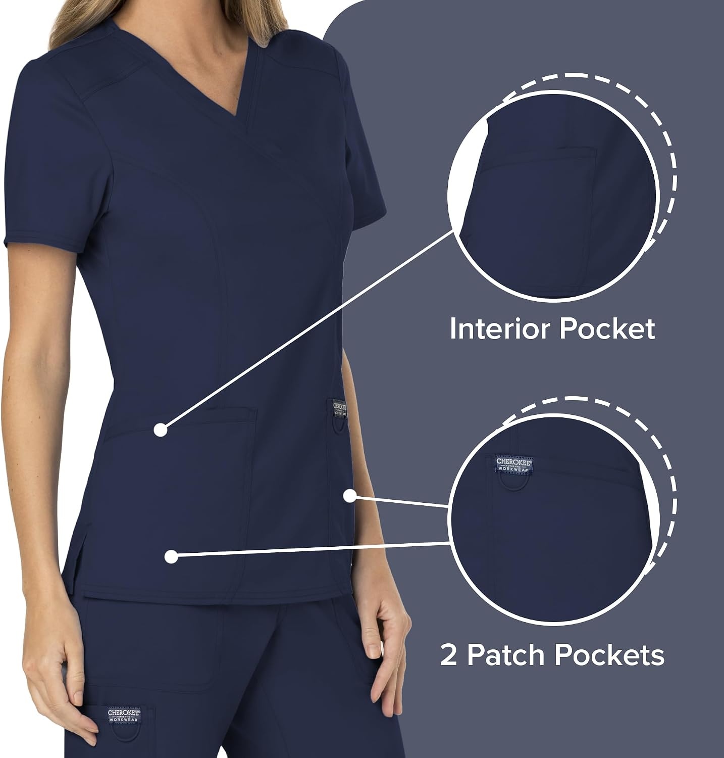 image:imageCherokee WW Revolution Scrub Tops Women Mock Wrap 2 Pockets Nurse ShirtNavy