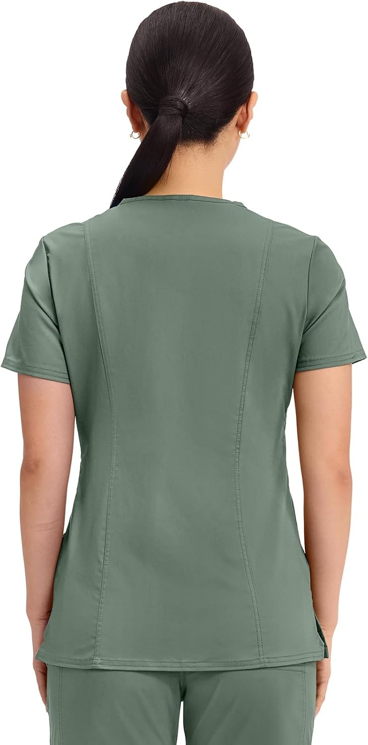 image:imageCherokee WW Revolution Scrub Tops Women Mock Wrap 2 Pockets Nurse ShirtOlive