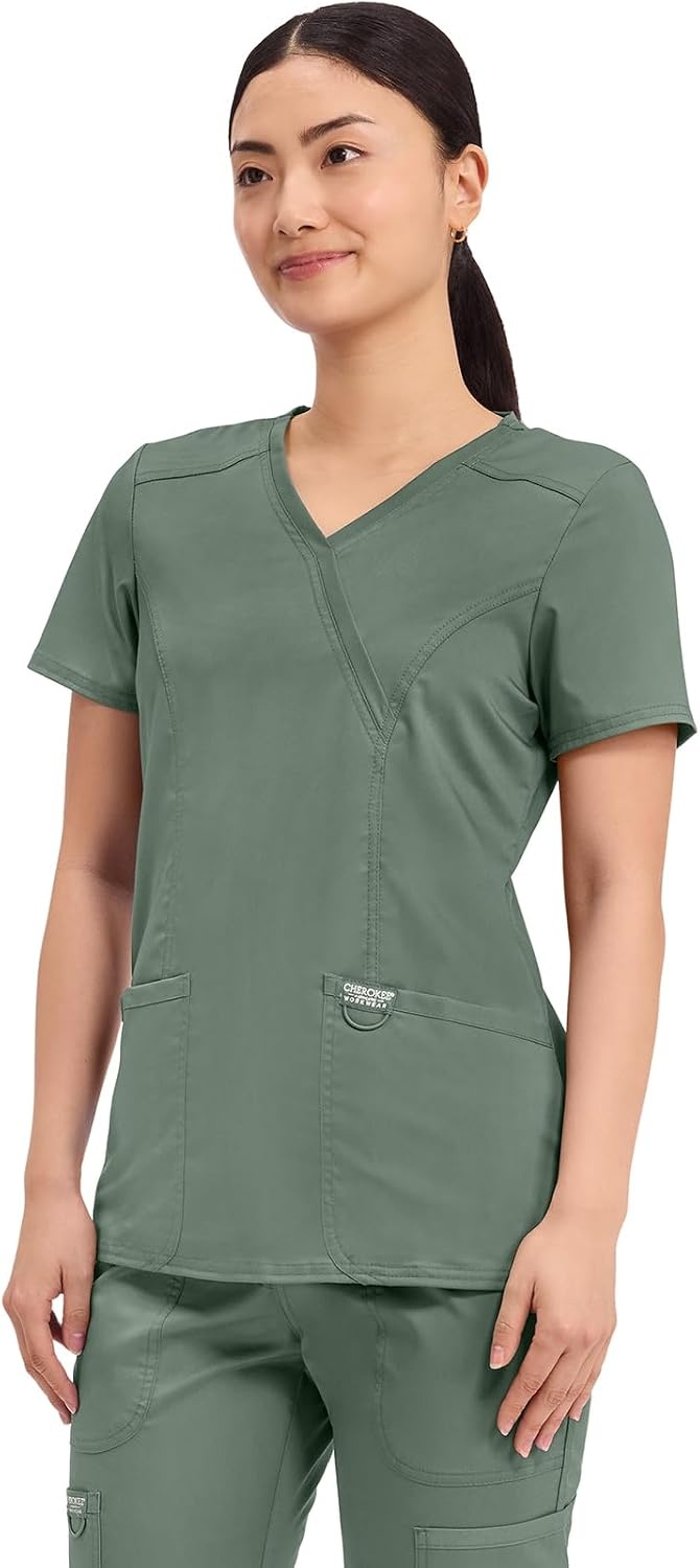 image:imageCherokee WW Revolution Scrub Tops Women Mock Wrap 2 Pockets Nurse ShirtOlive