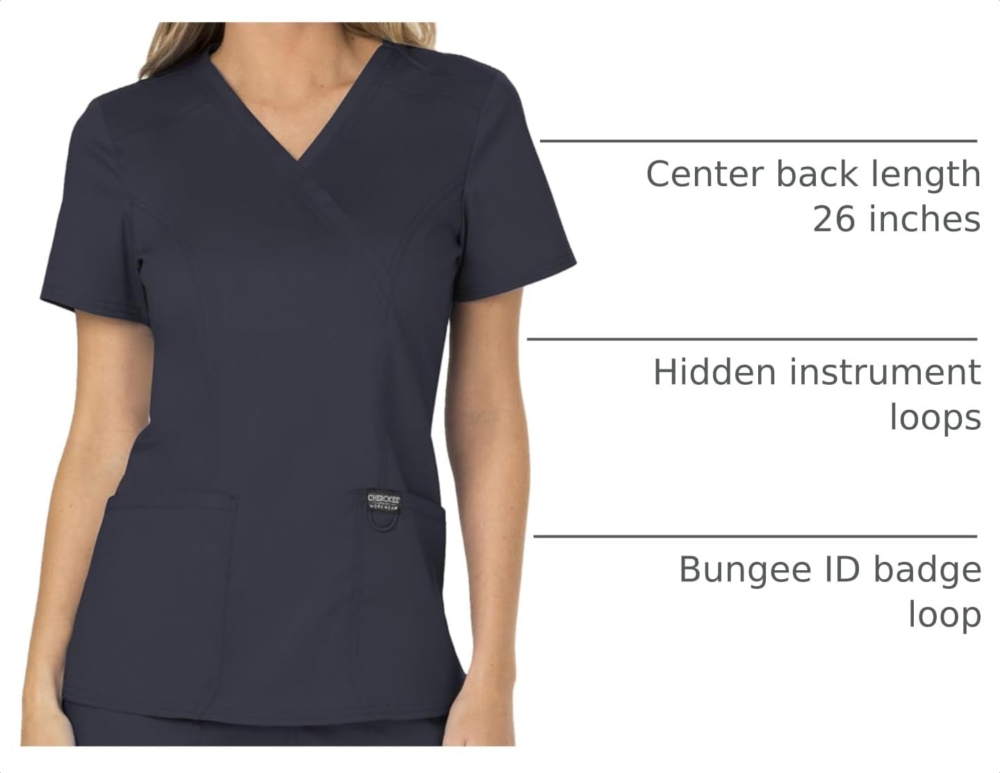 image:imageCherokee WW Revolution Scrub Tops Women Mock Wrap 2 Pockets Nurse ShirtPewter