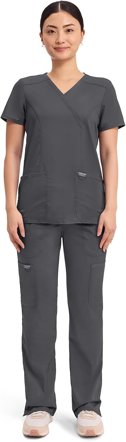 image:imageCherokee WW Revolution Scrub Tops Women Mock Wrap 2 Pockets Nurse ShirtPewter