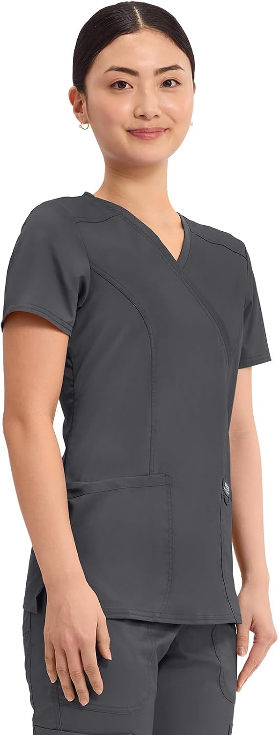 image:imageCherokee WW Revolution Scrub Tops Women Mock Wrap 2 Pockets Nurse ShirtPewter