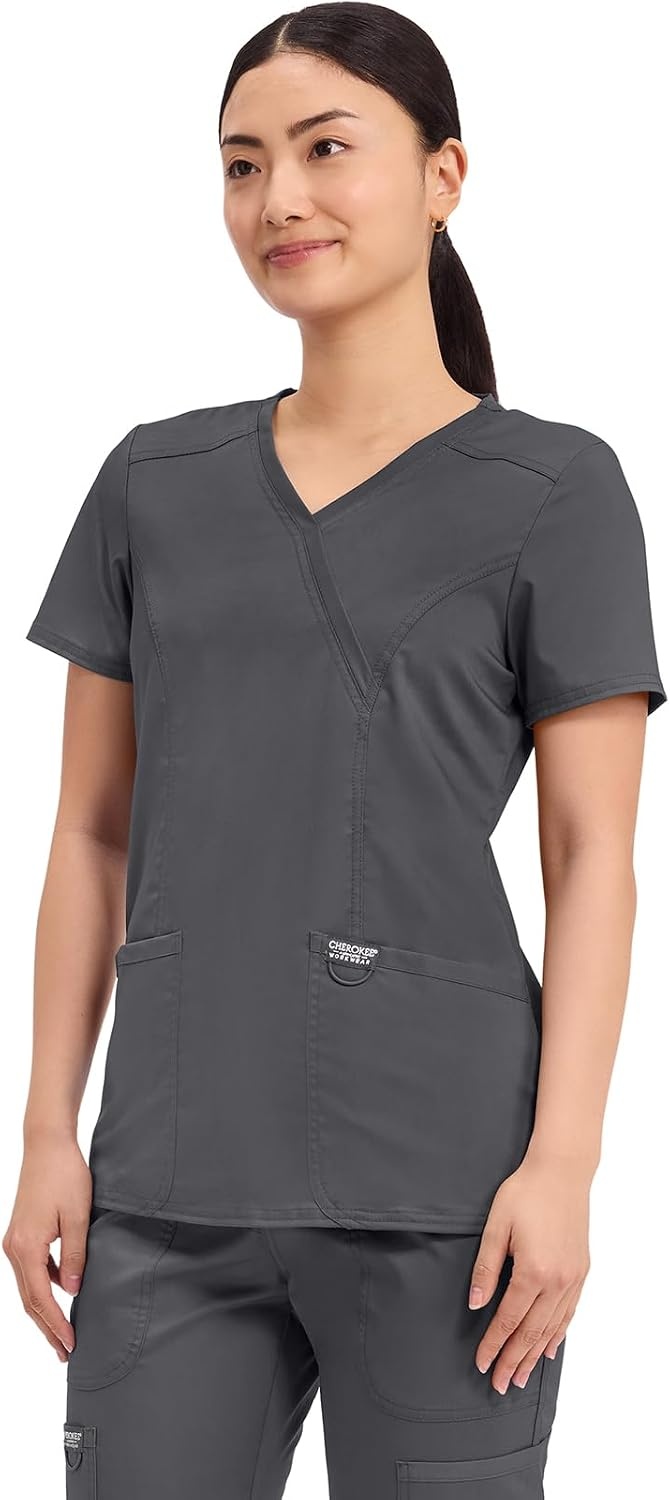 image:imageCherokee WW Revolution Scrub Tops Women Mock Wrap 2 Pockets Nurse ShirtPewter