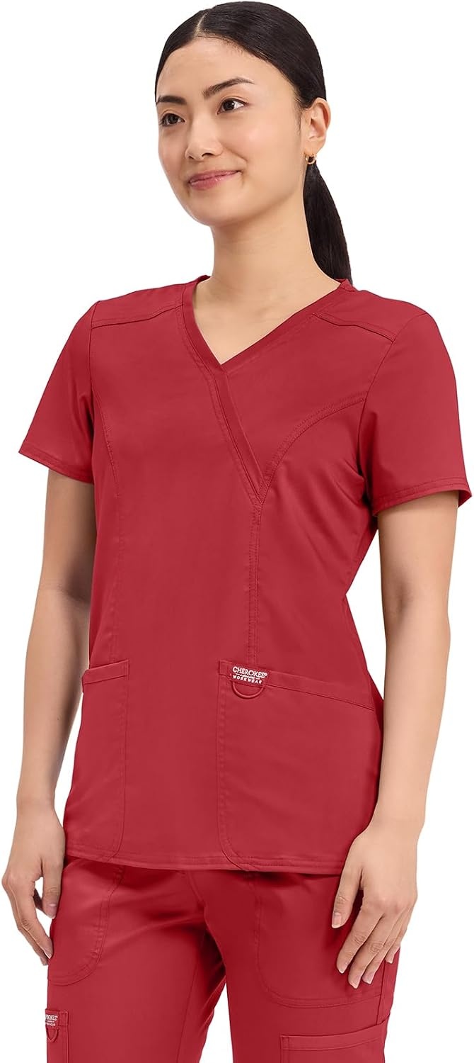 image:imageCherokee WW Revolution Scrub Tops Women Mock Wrap 2 Pockets Nurse ShirtRed