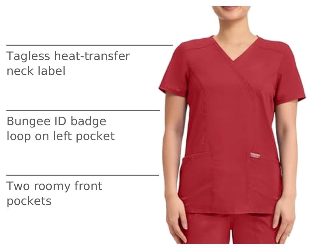 image:imageCherokee WW Revolution Scrub Tops Women Mock Wrap 2 Pockets Nurse ShirtRed