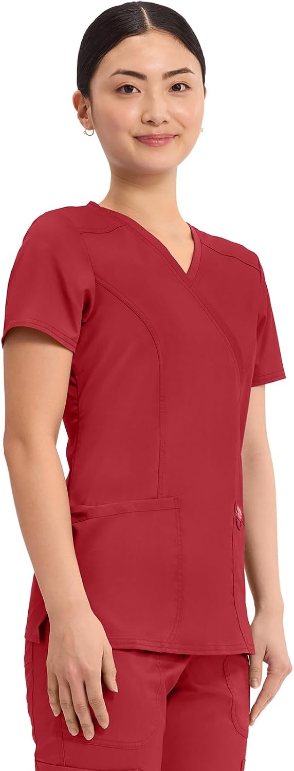 image:imageCherokee WW Revolution Scrub Tops Women Mock Wrap 2 Pockets Nurse ShirtRed