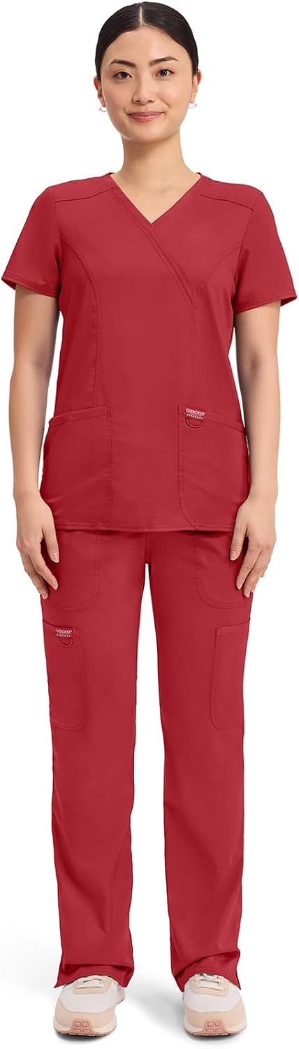 image:imageCherokee WW Revolution Scrub Tops Women Mock Wrap 2 Pockets Nurse ShirtRed