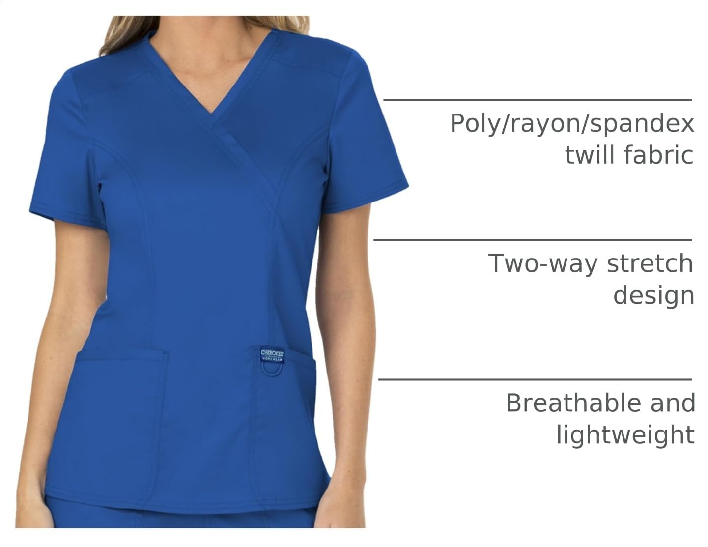 image:imageCherokee WW Revolution Scrub Tops Women Mock Wrap 2 Pockets Nurse ShirtRoyal