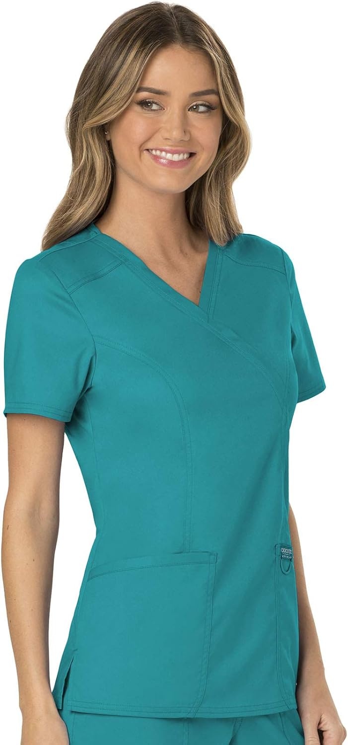 image:imageCherokee WW Revolution Scrub Tops Women Mock Wrap 2 Pockets Nurse ShirtTeal Blue