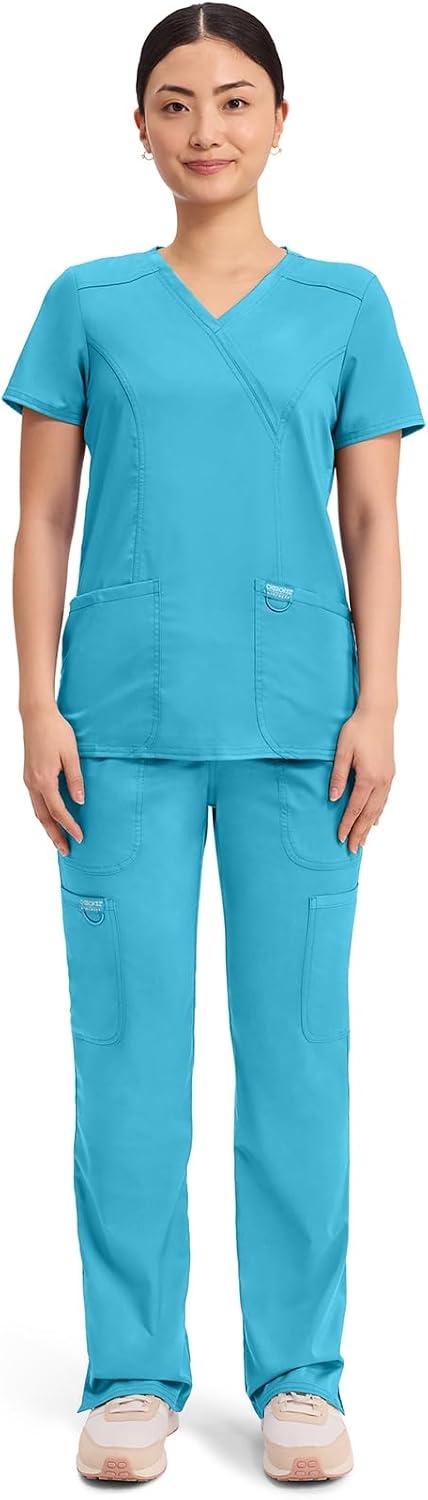 image:imageCherokee WW Revolution Scrub Tops Women Mock Wrap 2 Pockets Nurse ShirtTurquoise
