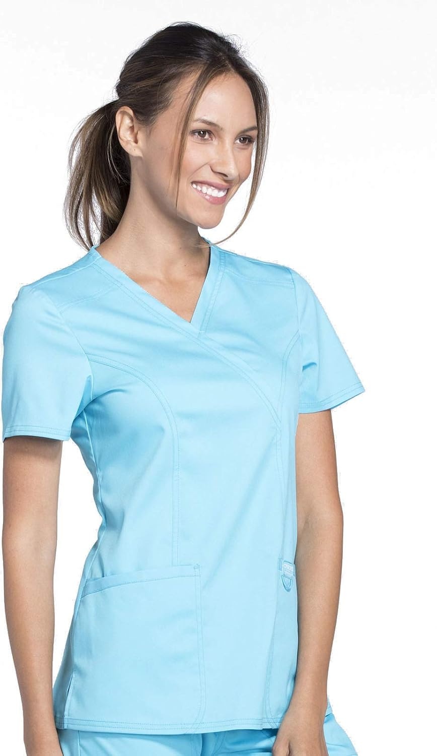 image:imageCherokee WW Revolution Scrub Tops Women Mock Wrap 2 Pockets Nurse ShirtTurquoise