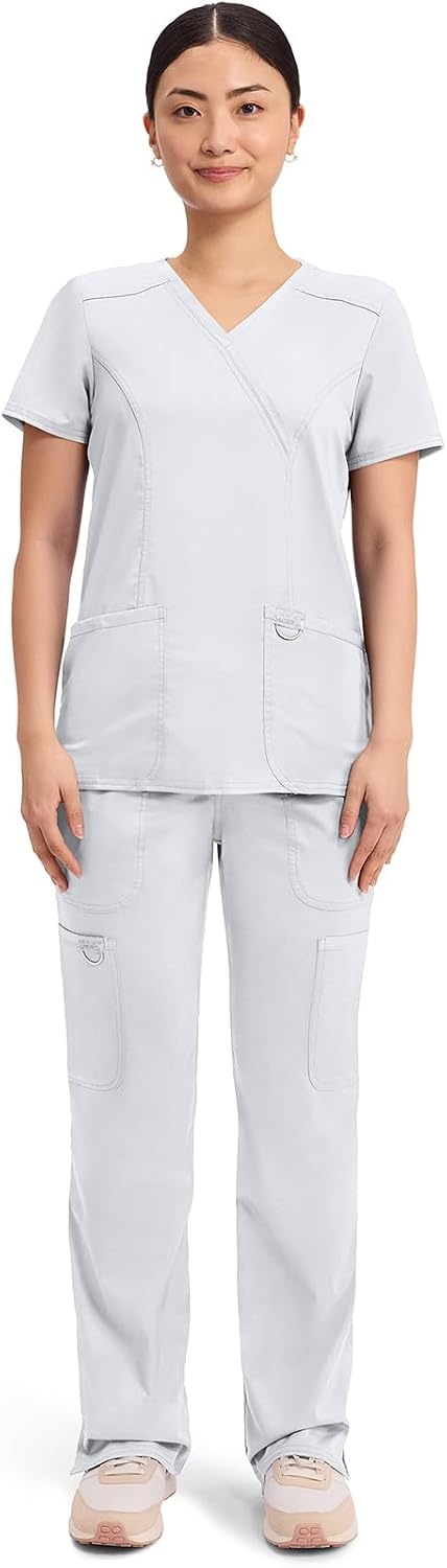 image:imageCherokee WW Revolution Scrub Tops Women Mock Wrap 2 Pockets Nurse ShirtWhite